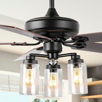 Lucas 52" Rustic Industrial Iron/Wood/Seeded Glass Mobile-App/Remote-Controlled LED Ceiling Fan - JONATHAN Y